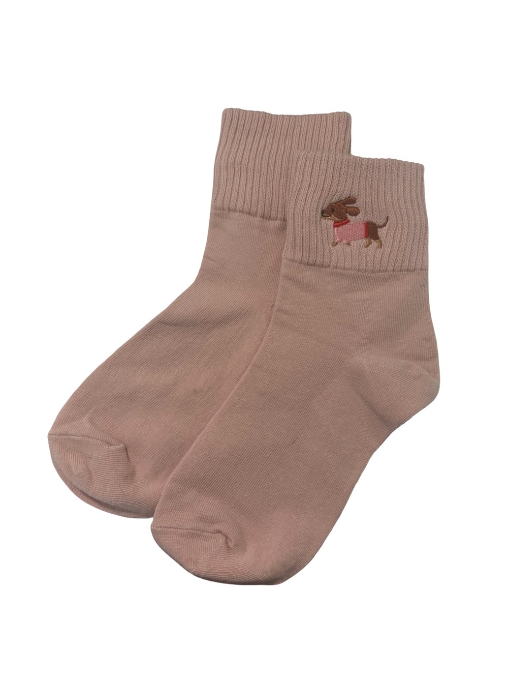 Dachshund Wiener Dog Embroidered Low Crew Socks Cream Light Blush Pink One Size